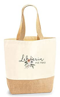 FesttagsLiebe Geschenk für Lehrerin, Juteshopper LEHRERIN MIT HERZ, Einkaufstasche als Geschenk für die Klassenlehrerin