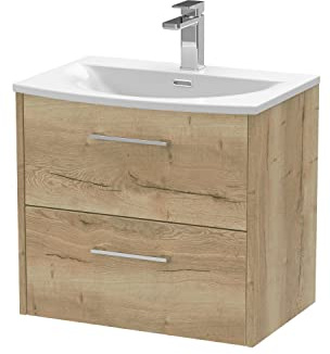 Hudson Reed JNU1824G Juno Modern Bathroom Wall Hung 2-Drawer Vanity with Curved Ceramic Basin, 600mm, Woodgrain Autumn Oak