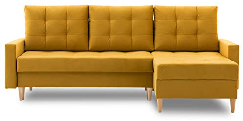 Ecksofa Lena 227x148 mit schlaffunktion und Bettaksen - Klassisch Design - Eckcouch mit Stauraum - Auffälliger Kronos Stoff - Kissen - Holzfüße - Auswahl an Farben (Kronos 01 RECHTS)