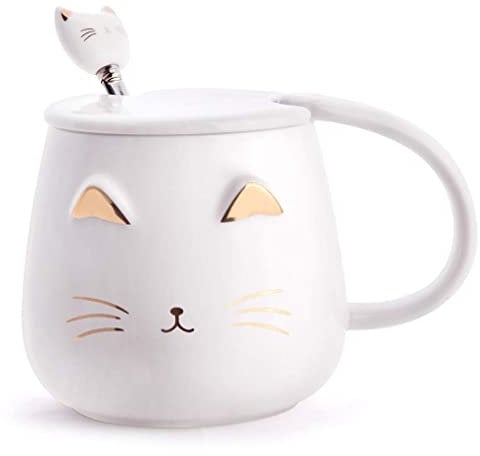 Cute Cat Coffee Mug Set With Lid and Kitty Spoon - Novelty Morning Tea Milk Mugs for Cat Lovers, Girls, Women - Christmas Birthday Gift 400ML/14oz (White)