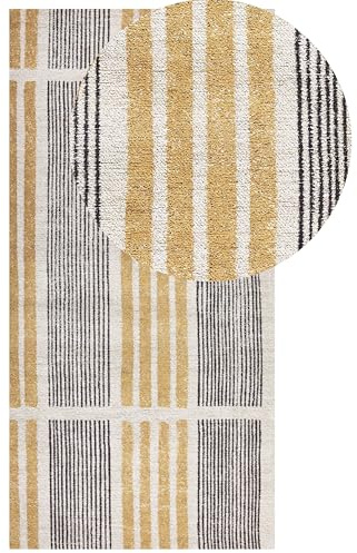 Beliani Teppich Gelb Baumwolle 80 x 150 cm Streifenmuster Kurzflor Modern | Stoff, Jacquardgewebt, Florhöhe 0.7 cm, Rechteckig, 70% Baumwolle 30% Polyester