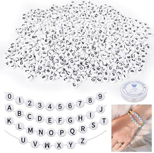 CoKeeSun 1200 Stück Buchstabenperlen und Zahlenperlen, 7mm 0-9 Zahlen Perlen & A-Z Buchstaben Perlen Set, Acryl Rund Perlen für Armbänder mit 1 Rolle Gummifaden, Schmuck Halsketten DIY Crafts