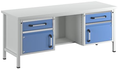eurokraft | Werkbank | Gestellbauweise | Breite 2000 mm | 2 Schubladen | 2 Türen | Universalplatte