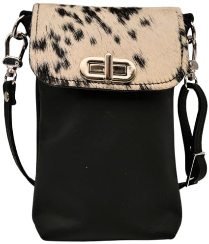 AnnaMatoni Handytasche zum Umhängen echt Leder Made in Germany, Handy Umhängetasche, Handytasche zum Umhängen, handtasche 100% Soft Nappa Leder mit echt Kuhfell umhängetasche Schwarz (Gefleckt)