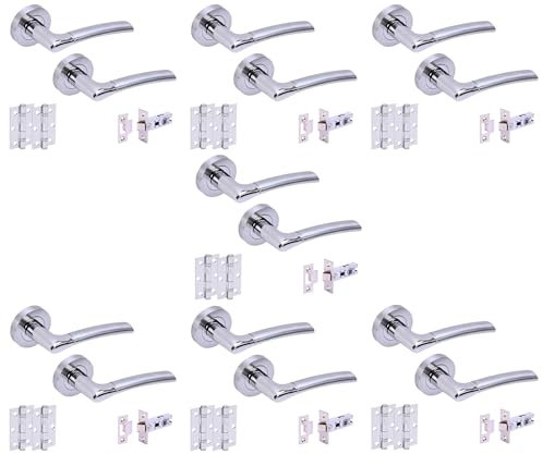 HANDLEZONE® 7 Sets Columba Premium Internal Door Handles on Rose Lever Latch Packs with 75mm Ball Bearing Hinges and 65mm Latches - Dual Polished/Satin Chrome