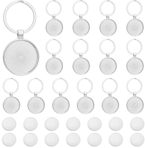 DICOSMETIC 15 ensemble Porte Clés Pendentif Plateau 30 mm en Alliage de Platine Cabochon Porte Clés Vierges avec Porte Clés Kit de Fabrication de Porte Clés Bricolage pour Résine Phot