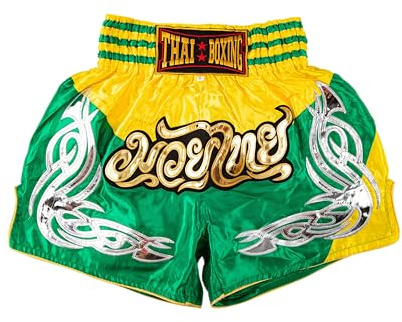 MUAY NATION Pantaloncini Muay Thai per Uomo e Donna, Pantaloncini da Boxe MMA dal Taglio Slim, Abbigliamento da Allenamento per Kickboxing (IT, Testo, M, Regular, Regular, Prm Giallo/Verde)