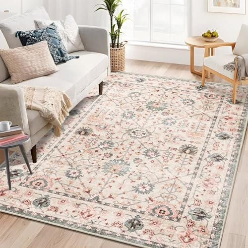 MUJOO Teppich, 12,7 x 17,8 cm, waschbar, für Wohnzimmer, Schlafzimmer, Nachttisch, Boho-Teppich, rutschfest, Vintage, weich, Grün und Rouge, Blumenmuster