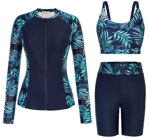 GRACE KARIN Women 3 Piece Rash Guard Zip Front Long Sleeve Surfing Swimsuit | Quick-dry Stretch Fabric, Removable Padded Bra, Long-sleeve 3-piece Set, Women tankini, Swimming Costume