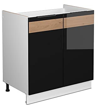 Vicco Spülenunterschrank Fame-Line, Schwarz Eiche Hochglanz, 80 cm, AP Marmor, zur Kombination mit weiteren Modulen der Fame-Line Serie