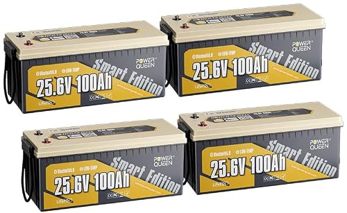 Power Queen 25.6V 100Ah Bluetooth Lithium Batterie 4er-Pack für Wohnmobil | Bluetooth, 100A BMS, 15000+ Zyklen, 10-Jahres-Lebensdauer, Low-Temp Schutz, 2.56KWh für Marine, Off-grid, Heimspeicher