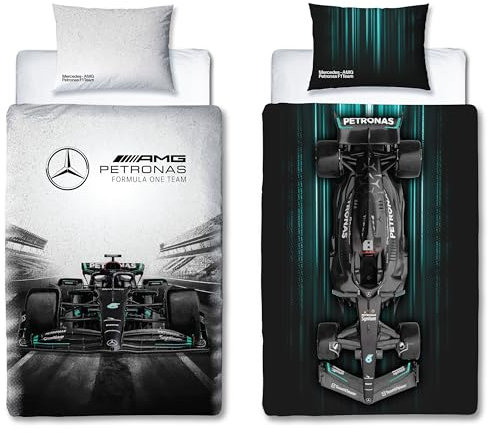 Character World Mercedes AMG Petronas Offizielles Bettwäsche-Set für Einzelbett, Skyline-Design, wendbar, 2-seitig, Formel 1, offizielles Merchandise-Produkt, inklusive passendem Kissenbezug