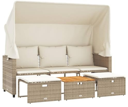vidaXL Outdoor Sofa 3-Sitzer, Gartensofa mit Dach Hockern, Sonnenliege für Garten Terrasse, Gartenbank Gartenliege, Beige Poly Rattan