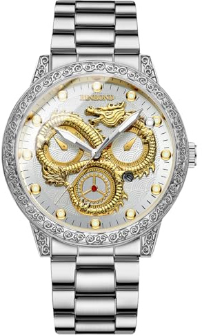 OIDEA Herren Drachen Armbanduhr Herrenuhr: Vintage Analog Quarz Edelstahl Uhr Wasserdicht mit leuchtenden Zeiger & Punktskala Zifferblatt Retro Männer Gold Silber