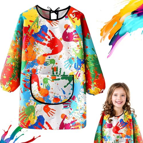RCYHCY Tablier Peinture Enfant, Imperméable Blouse Peinture Enfant 6-12 Ans Filles et Garçons, Tablier Manches Longues Enfant, Tablier Peinture avec Poches, pour L'école Activités, Peinture, Cuisine