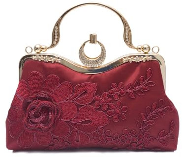 CORIOS Damen Abendtasche Blumenstickerei Clutch Hochzeit Brautbörse Handtasche Retro Schultertasche Elegante Umhängetasche Luxuriös Bankett-Party Klein Tasche Weinrot