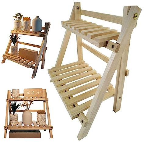 Unidad de estante de mesa 2 Tier Estante de escalera de madera para una unidad de estante de mesa 34x18x35cm Partido plegable Estilo simple Trapezoidal Sala de escalera de flores Traño para sala de e