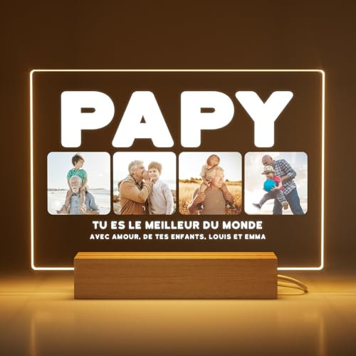 Greatminer Cadeau Papy avec Photo et Dédicace - Idée Cadeau Anniversaire Grand-Père - Cadre Photo Papy Personnalisé - Verre Acrylique 18x14 cm avec Option de Socle LED