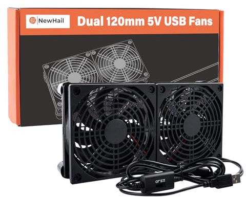 NewHail Ventilateur 2 en 1 silencieux - Double USB - 120 mm - Double roulement à billes - 5 V - Avec 3 vitesses réglables L/M/H - Câble de 190 cm pour routeur, modem, récepteur, DVR, PlayStation, Xbox