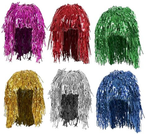 6 Stück Folie Lametta Perücke CHUNLINLAODA-Lametta Perücken Metallic Perücke Foil Tinsel Perücken Bunte Lametta Perücke Kostüm Accessoires für Karneval Halloween Thema Party (6 Farben) (Rot)