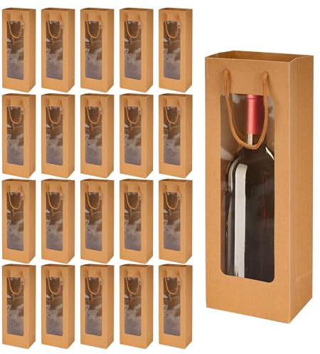 AZKEEGREY 20 Pack Wine Bottle Bag with Window, Kraft Paper Wine Bottle Bags with Handles, Brown Paper Bottles Bags for Wine, Single Wine Gift Bag for Party, Shopping, Retail Merchandise