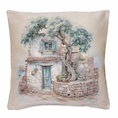 atelier alles-Spitze Mediterrane Gobelin-Kissenhülle Olivenbaum 45x45 cm | Pflegeleichter strapazierfähiger Kissenbezug | Stilvolle Raumdekoration | Verdeckter Reißverschluss