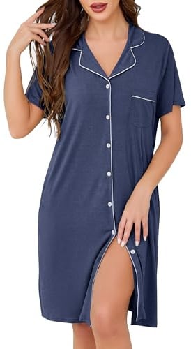 Lovasy Chemise de Nuit Femme Coton à Manches Courtes Chemise de Nuit Léger Col en V Classique Robe De Nuit Boutonnée Devant Tee Shirt de Nuit Femme Grande Taille avec Poches Latérales