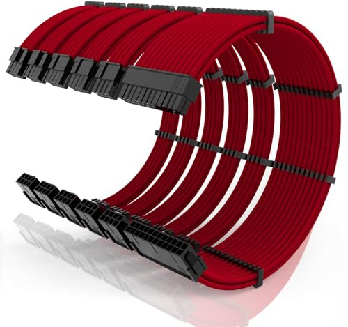 SMEOZZ 16AWG PSU Cable Extension Kit with Cable Combs,1x24pin ATX/2x8pin(4+4) EPS/3x8pin(6+2) PCIE Extension Cable,Cable Extension PC Sleeved Cables 30cm Length,Power Supply Extension Cable Kit(Red)