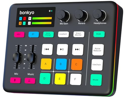 Bonkyo Gaming Audio Mixer & USB Interface with XLR Microphone, Bluetooth 5.0, RGB Effects, 48V Phantom Power, Voice Changer, G1 Sound Card for PS5, TikTok Live Streaming, Podcasting (Black)