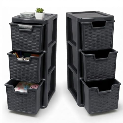 KHANARY - Medium Storge Drawer Unit - Plastic Modular Easy-Glide Drawers - Space-Saving Compact Storage Cabinet for Bedroom, Living Room, Office, Household Essentials, Grey Rattan, 2 Pack 3 Tier