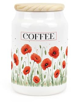 Purely Home Summer Poppies Coffee Canister - Red & Green Floral Homeware Gifts - Refillable Ceramic Storage Container & Wooden Lid 600ml (14.5cm x 9.5cm)