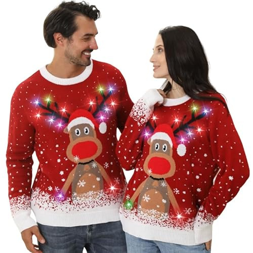 Kouric Ugly Christmas Sweater Herren Damen, hässliche Weihnachtspullover LED, Pullover Weihnachten Pärchen lustig mit Licht, Weihnachtspullover Familie Set, Weihnachtspulli Rentier Rot S