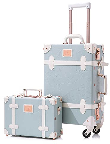 Unitravel Vintage Koffer Set 2 Teilig, Retro PU-Leder Handgepäck Koffer mit Kosmetikkoffer, Geprägtes Blau, S+M