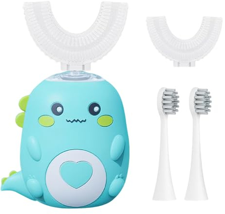 Hojalis Elektrische Zahnbürste für Kinder, 360° Ultraschall-Zahnbürste mit 2 U-förmigen Silikonbürstenköpfen und 2 geraden Bürstenköpfen, 3 Geschwindigkeiten & IPX7 wasserdicht