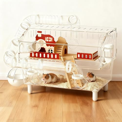 Zertylre Luxuriöser Tunnel-Hamsterkäfig, transparentes Panorama-Design aus Acryl, DIY-Zaun für Kleintiere mit komplettem Zubehör, Garten-Stil-Holzkäfig für Eichhörnchen（Weiß, 45 × 30 × 33 cm）