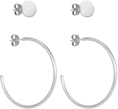 BONNYBIRD® Creolen Silber Groß Ohrringe Damen Edelstahl Dünn Wasserfest Medizinische Ohrstecker Hypoallergen Chirurgenstahl Nickelfrei Schmuck Set Plättchen Stecker Ohrschmuck Hoops Frauen
