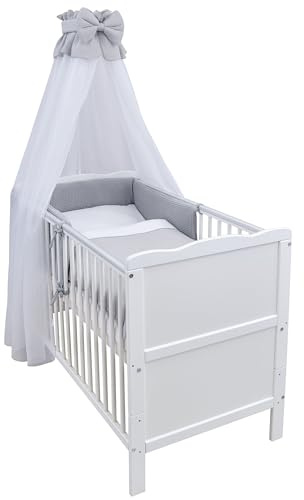 Generisch Baby Delux Babybett Komplett Set 9-TLG Kinderbett umbaubar zum Juniorbett 70x140 Matratze Jack Bettset Chiffonhimmel (Musselin grau)