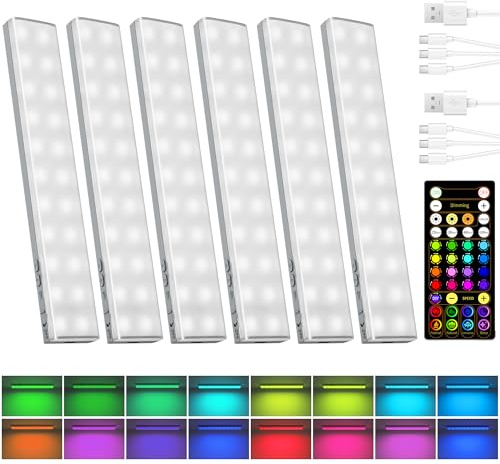EZVALO 80 RGB Color Changing Under Cabinet Lighting Wireless, 1800mAh Rechargeable Shelf Lights, Magnetic, Timer & Dimmable Bar Light with Remote for Kitchen, Display Case, Cabinet, 6Pack
