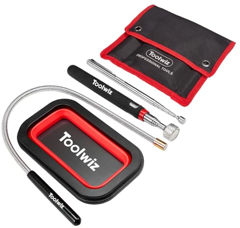 Toolwiz Lot de 4 outils de récupération magnétiques avec plateau de pièces - Bâtons magnétiques extensibles et flexibles pour garage, atelier et cour