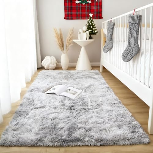 GUOJUN Hochflor Teppich Wohnzimmer 280 x 320 cm Waschbar Flauschig Weich rutschfest Wohnzimmer Teppich Hochflor Langflor Schlafzimmer, Hellgrau