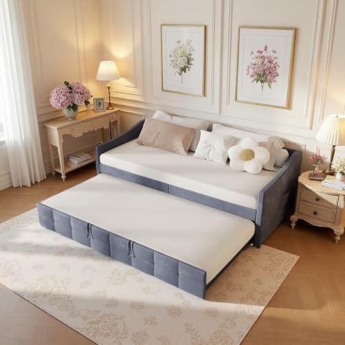 LieABak Ausziehbares Schlafsofa 90/180x200 cm mit Rückenlehne, Klappsofa Polsterbett mit Lattenrost, Schlafcouch Ausziehbar mit Seitentaschen, Einzelbett/Doppelbett, Tagesbett, Samt (Grau)
