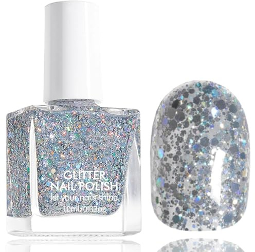Silver Glitter Nail Polish, Breathable Sparkly Quick Dry Varnish with Shimmer Glossy Finish, Chip Resistant & No UV Light Needed, Easy to Apply Nail Polish for Women