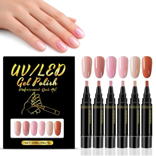 6 Colors 3-in-1 Gel Nail Polish Pen Set, Nude Pink Beige and Caramel Orange Collection, One Step Base Color Top Coat, Quick UV Cure, Long Lasting High Shine Glossy Finish for DIY Manicure Home Salon