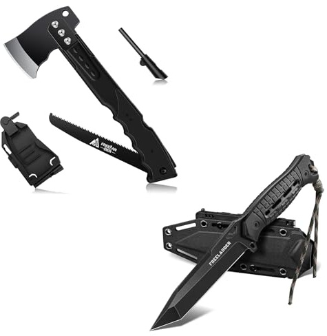 Freelander Scharfe Axt 5-in-1 mit Säge, Camping Beil und Outdoor Tanto Messer Feststehend mit Kydex Scheide