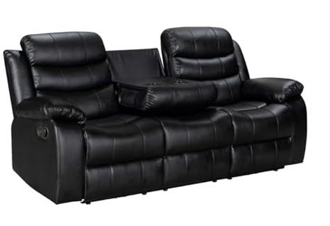 Divano Reclinabile 3 Posti in Pelle Nera con Portabicchieri – Sofà Relax Moderno con Sedili Reclinabili e Comfort Imbottito – 200 × 90 × 90 cm