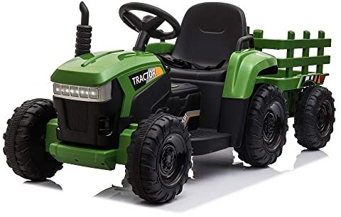 Kids Electric Ride on Toy Tractor, Toddlers 12V Battery-Powered Car to Drive, 35W Dual Motor 6-Wheels Trailer Vehicle with 3-Speeds/LED & Horn Functions for Children Aged 3-6