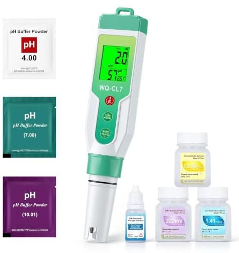 ANZESER Digital Pool Chlor und pH Messgerät mit Kalibriersatz | 7 in 1: pH, Chlor, Salzgehalt, ORP, EC, TDS, Temperatur. Hochpräzise mit ATC. Für Hydrokultur, Aquarien, Trinkwasser.