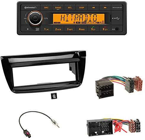 Continental TR7412UB-OR - Autoradio mit Bluetooth, RDS, USB und MP3 (ohne CD-Laufwerk) + 1-DIN Radioblende in klavierlack schwarz + ISO-Adapter • Antennenadapter ISO -> DIN für FIAT Doblo ab 2012