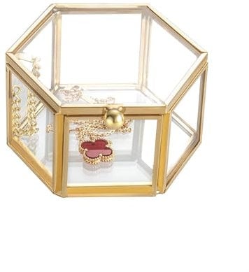 Feyarl Glass Jewellery Box Small Clear Trinket Boxs Gold Hexagon Ornate Decorative Box for Earrings Rings Necklace Jewelry Organizer