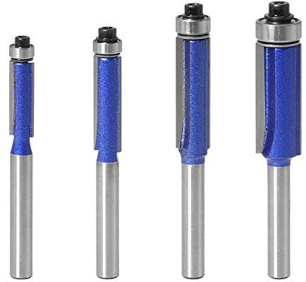 Gasea 4pcs 6.35mm Tige Amélioré Fraise a Copier Affleurement Trim Routeur Bit Defonceuse Double Flûte Avec Roulement Supérieure 6.35, 7.96, 9.52, 12.7mm Pour Outils de Menuiserie Bleu